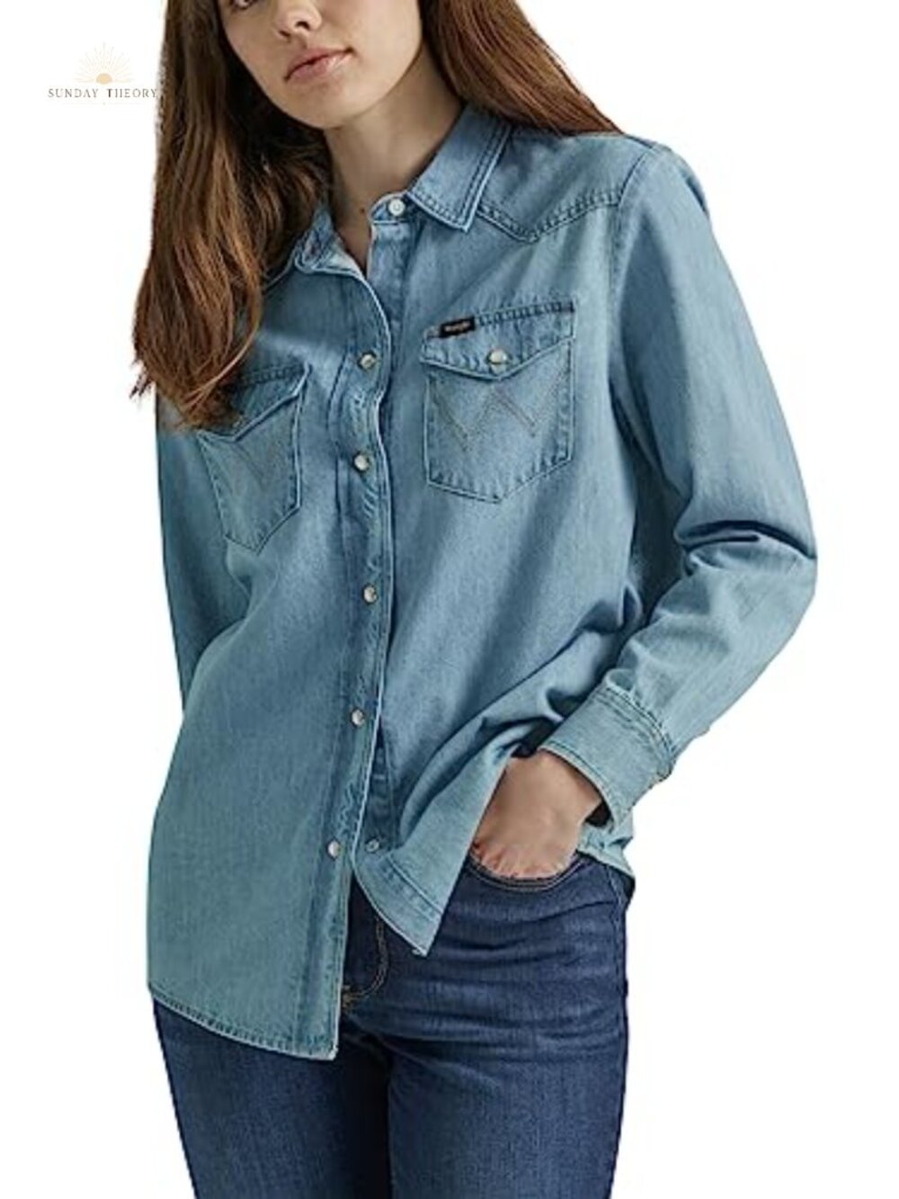 Wrangler Boyfriend Fit Denim Snap Shirt Long Sleeve Cotton Blouse
